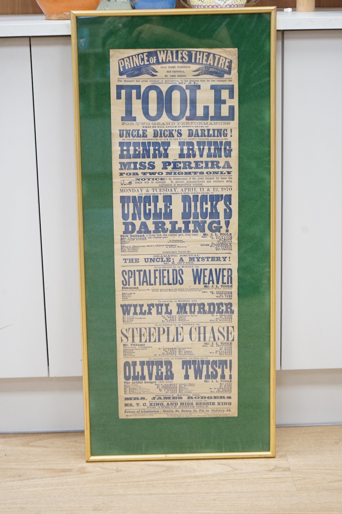 A vintage Prince of Wales, Birmingham Theatre bill poster, framed, 75cm high. Condition - fair